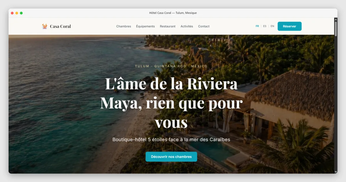Mockup du site web de l'Hôtel Brisa Caribe, Tulum — réalisation Le Web Studio